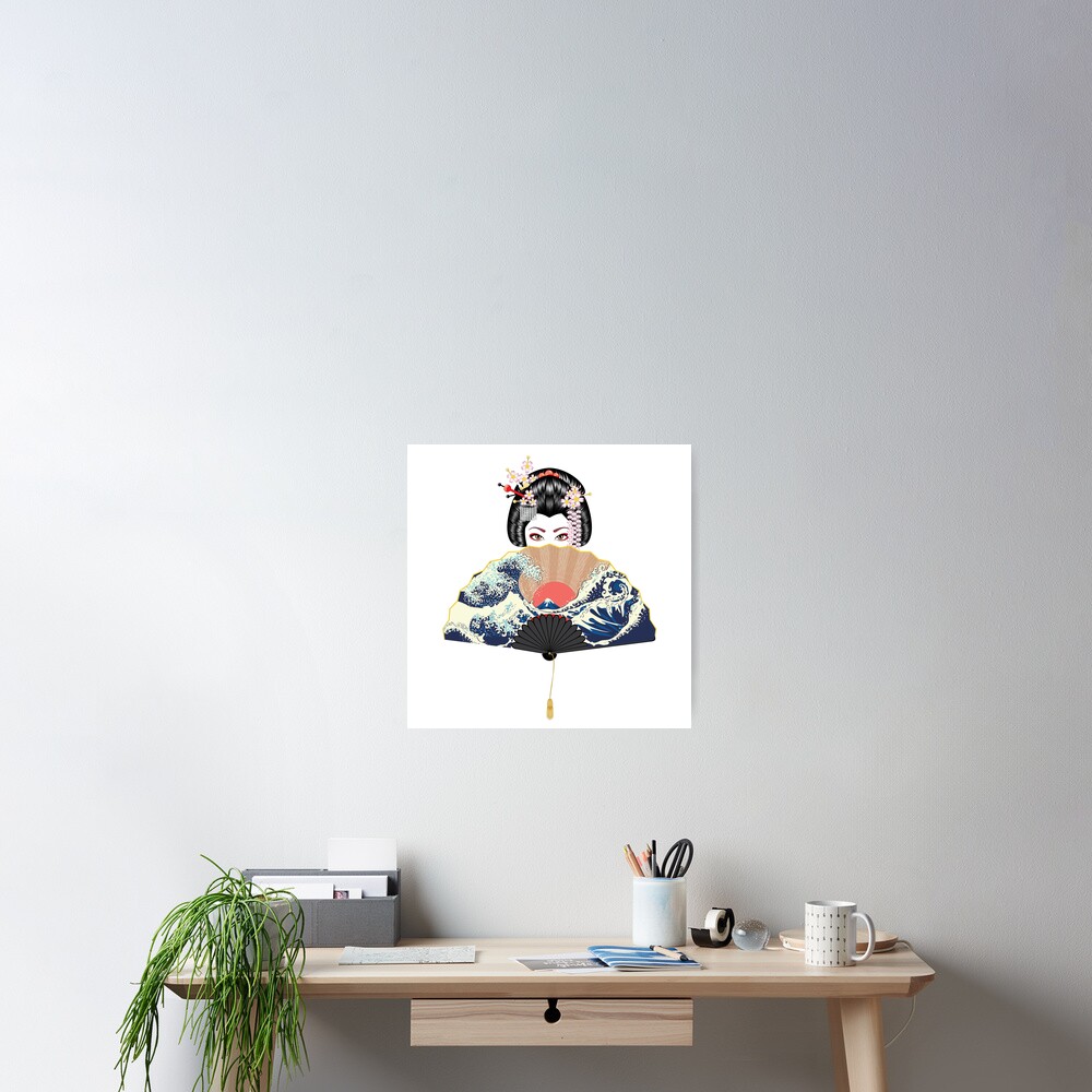 Geisha and fan with seascape Poster