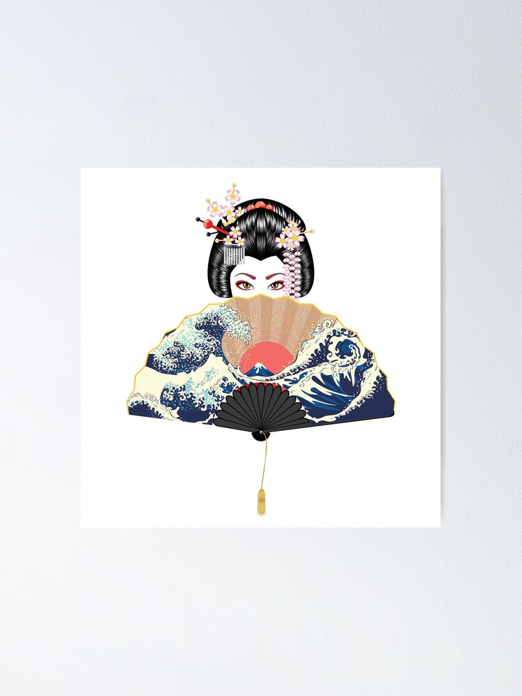 Alternate view of Geisha and fan with seascape Poster