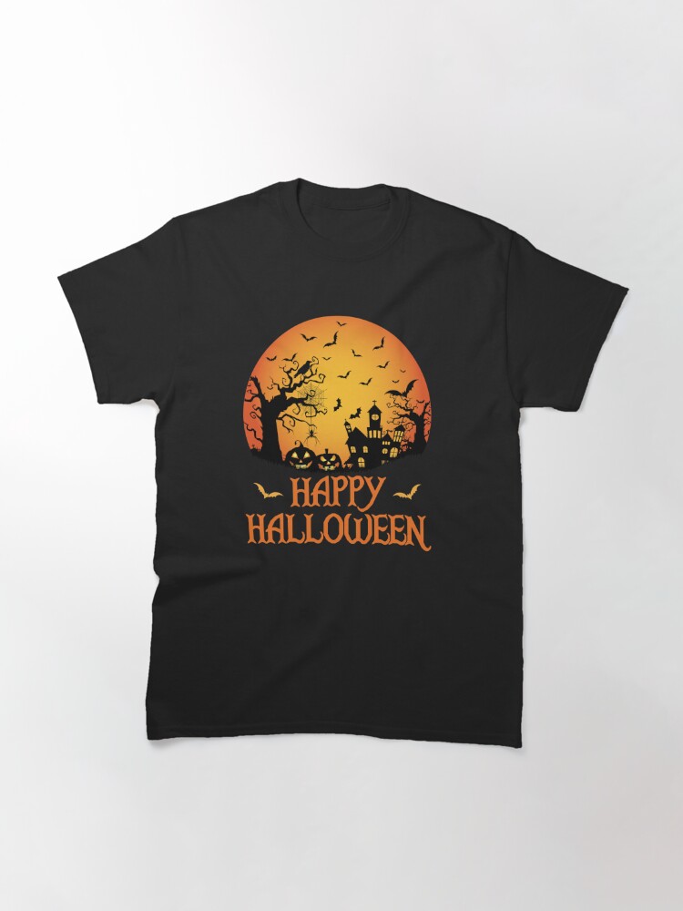 Alternate view of Haunted House Spider Cobweb Bat Crow Moonlit Gourd. Classic T-Shirt