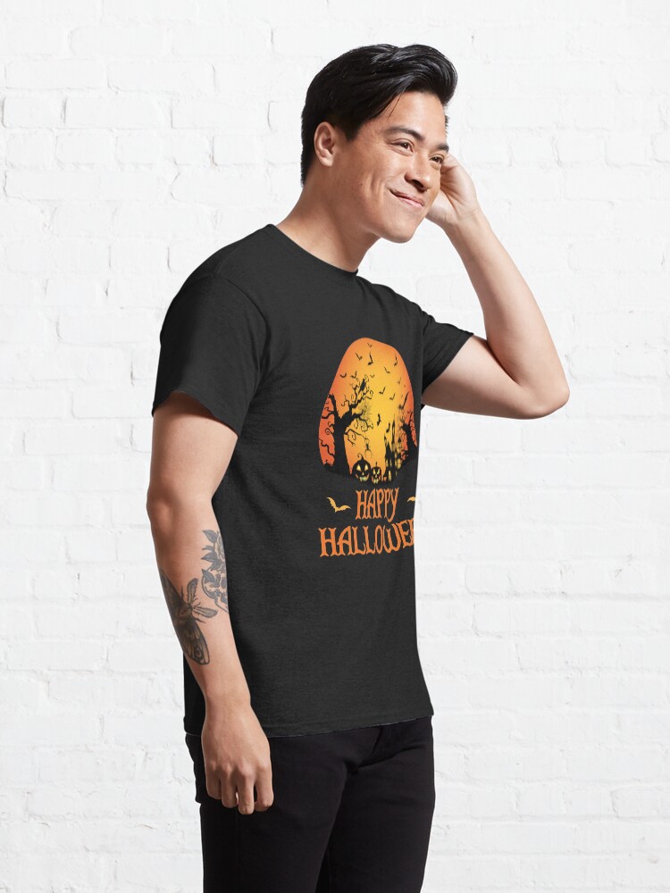 Thumbnail 5 of 7, Classic T-Shirt, Haunted House Spider Cobweb Bat Crow Moonlit Gourd. designed and sold by maxxexchange.