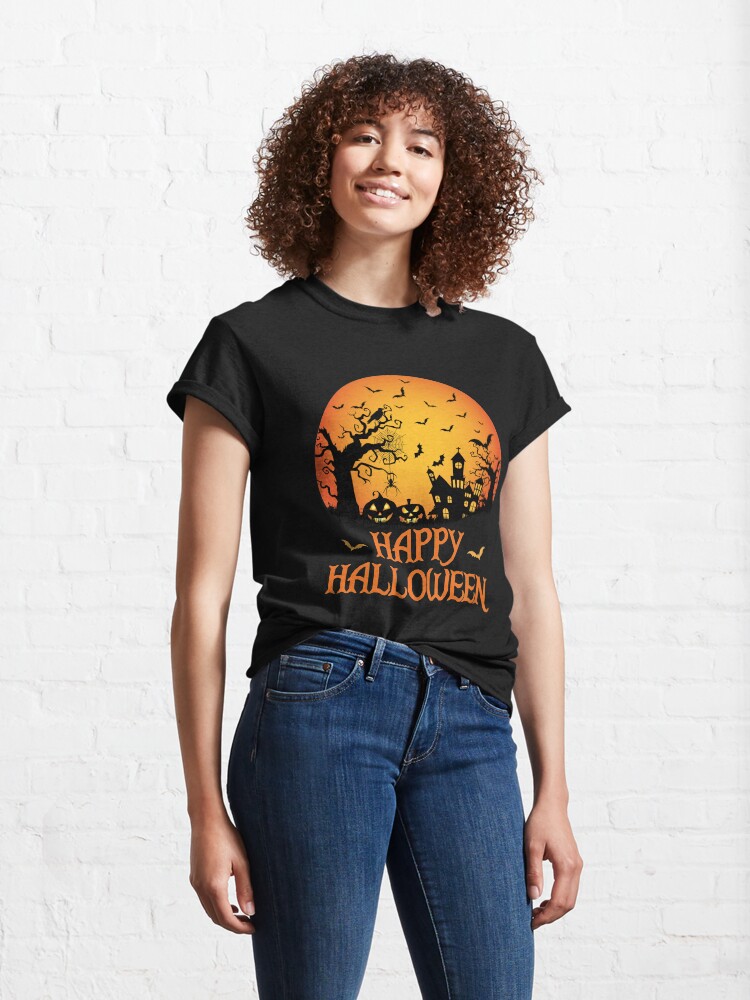 Thumbnail 4 of 7, Classic T-Shirt, Haunted House Spider Cobweb Bat Crow Moonlit Gourd. designed and sold by maxxexchange.