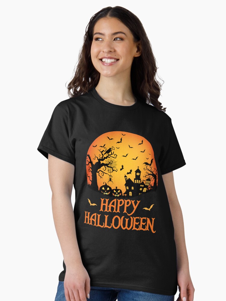 Thumbnail 2 of 7, Classic T-Shirt, Haunted House Spider Cobweb Bat Crow Moonlit Gourd. designed and sold by maxxexchange.