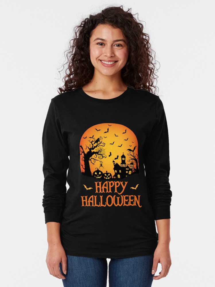 Alternate view of Haunted House Spider Cobweb Bat Crow Moonlit Gourd. Long Sleeve T-Shirt