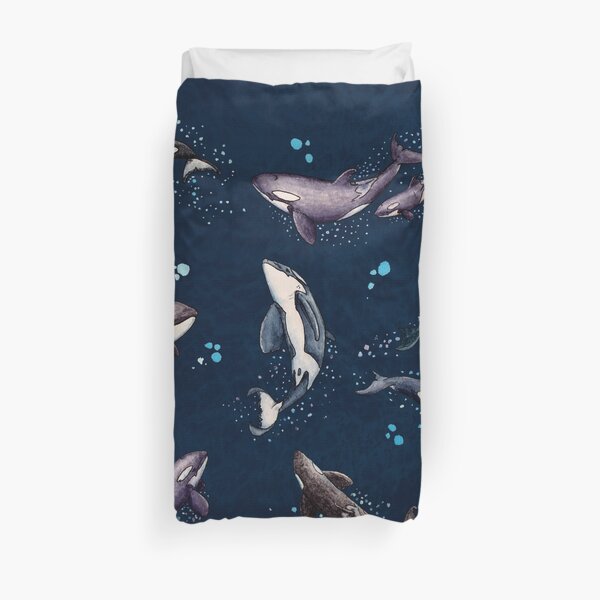 "Orca Pod in Watercolor" by Amber Marine, (Navy Blue Version) Killer Whale Art, © 2019 Duvet Cover