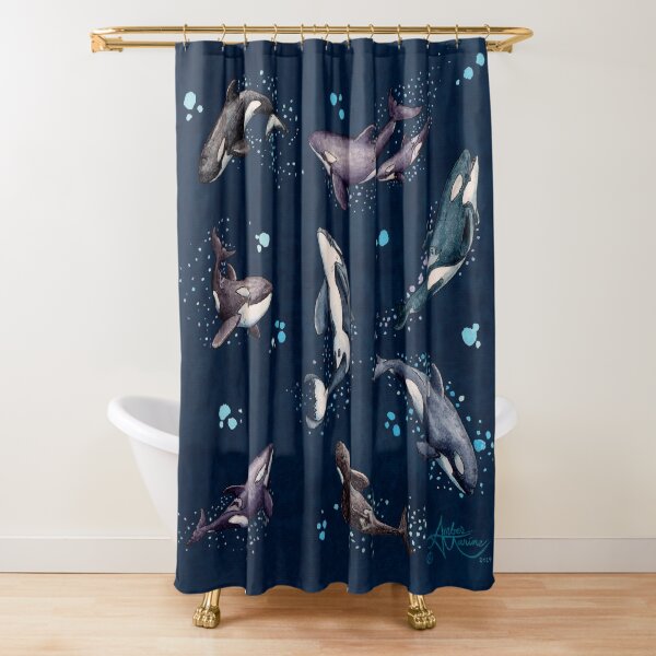 "Orca Pod in Watercolor" by Amber Marine, (Navy Blue Version) Killer Whale Art, © 2019 Shower Curtain
