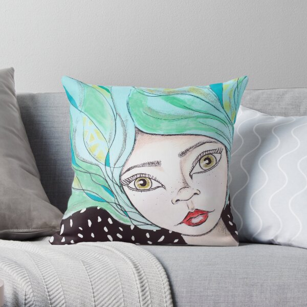 Whimsy blue-haired mixed media pixie girl Throw Pillow