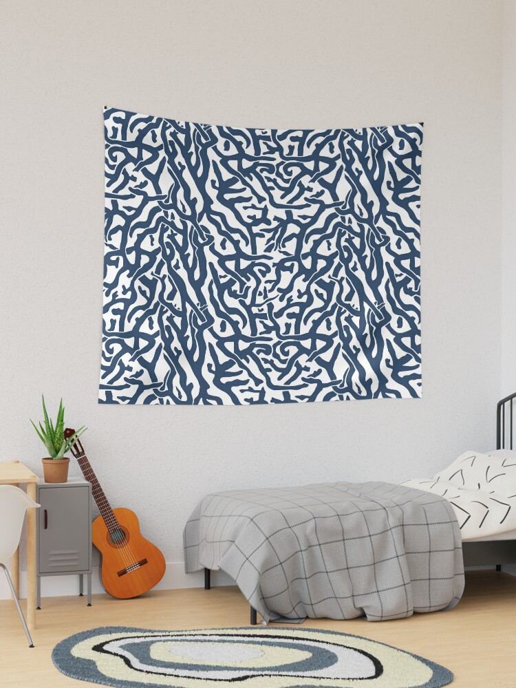 Coral Reef Pattern Navy Blue White Coastal Beach House Tapestry