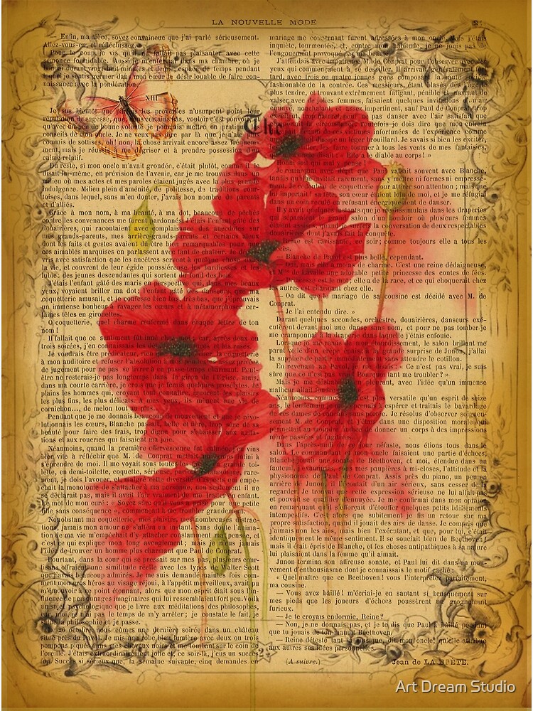 Botanical print, on old book page - poppies | Poster