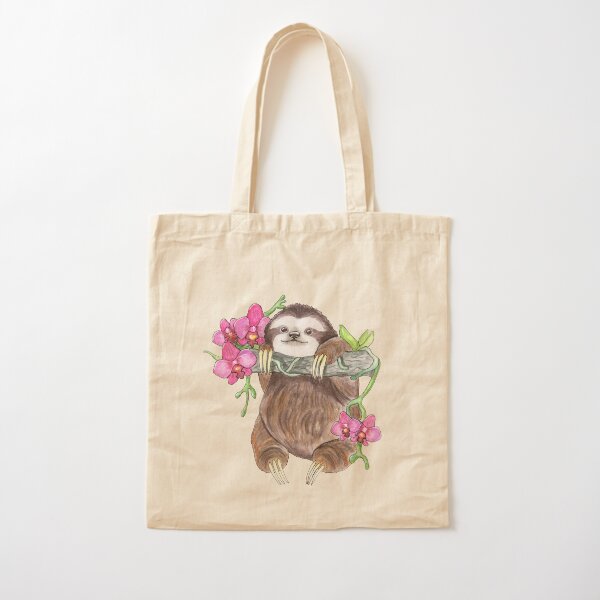 Happy Sloth with orchids Cotton Tote Bag