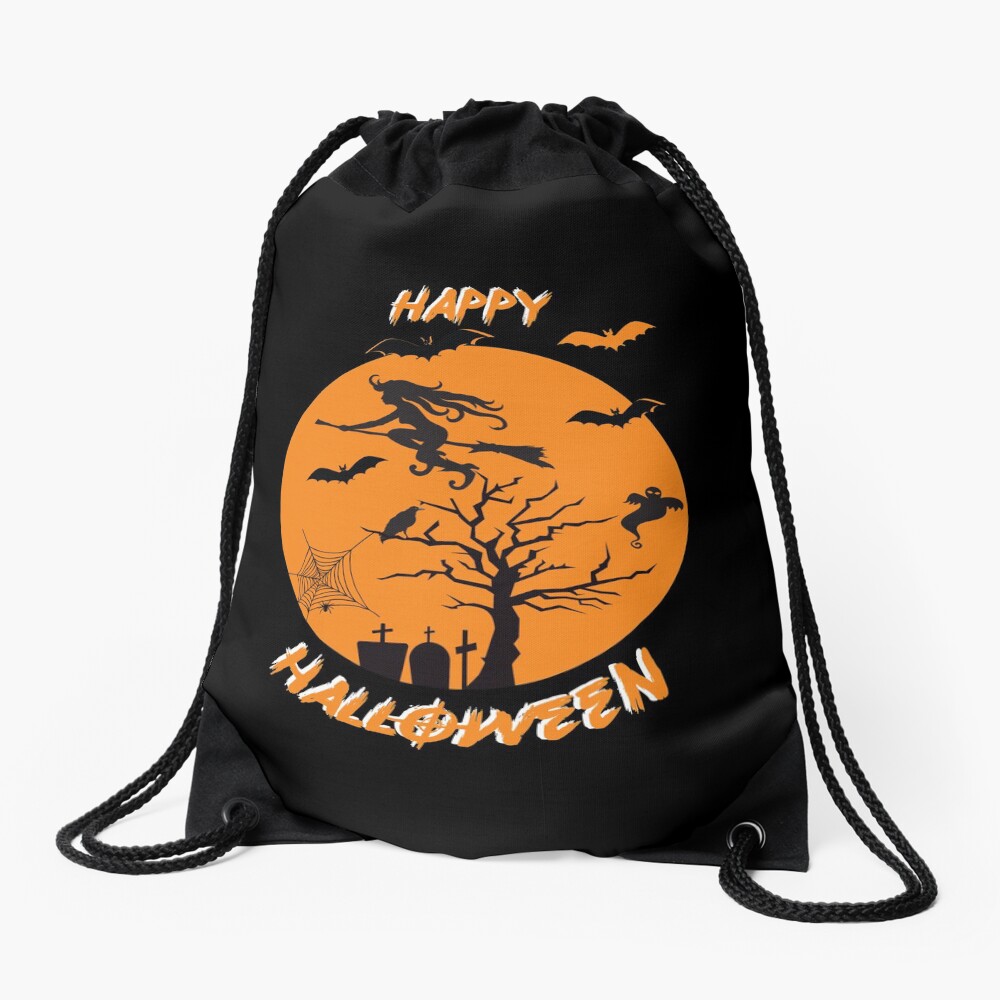 Moonlit Bat Cobweb Gravestone Ghost Spider Witch Broomstick. Drawstring Bag