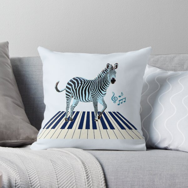 Zebra in Blue on Keyboard with Music Notes Throw Pillow