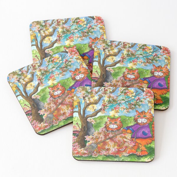 Item preview, Cats Raking Autumn Leaves designed and sold by ShelleyYlstArt.