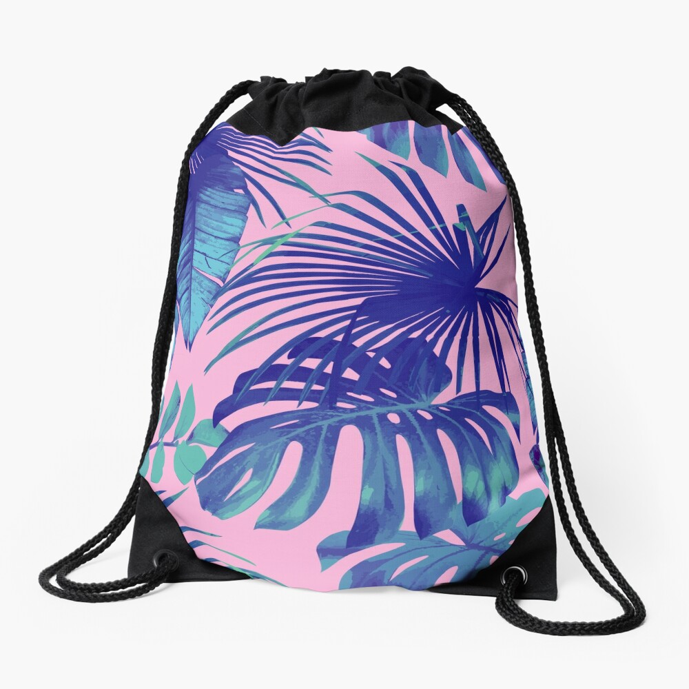 Pink & Blue Tropical Palm Leaf Drawstring Bag