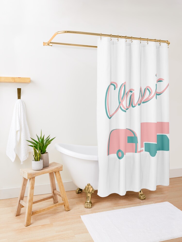 "CLASSIC RETRO RV, CAMPER, CAMPING TRAVEL TRAILER" Shower Curtain by itsmywheelhouse Redbubble
