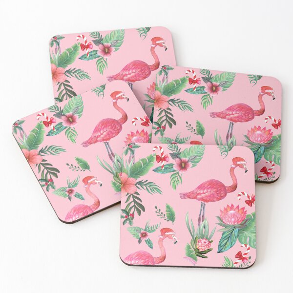 Item preview,  Pink Flamingo in Santa Hat  with candy canes, holly and exotic flowers in watercolor designed and sold by MagentaRose.