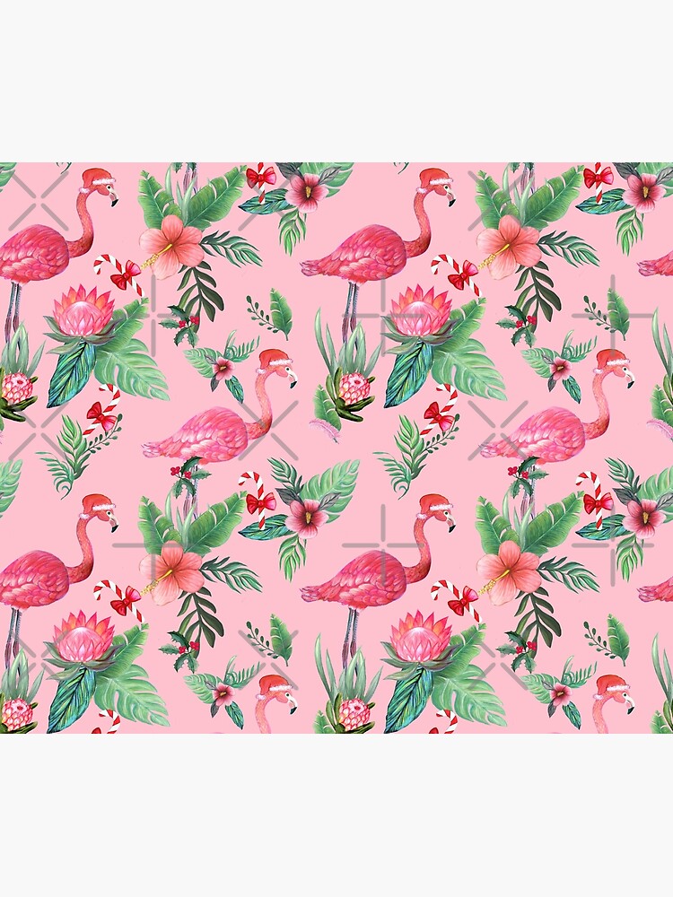 Pink Flamingo in Santa Hat with candy canes, holly and exotic flowers in watercolor by MagentaRose