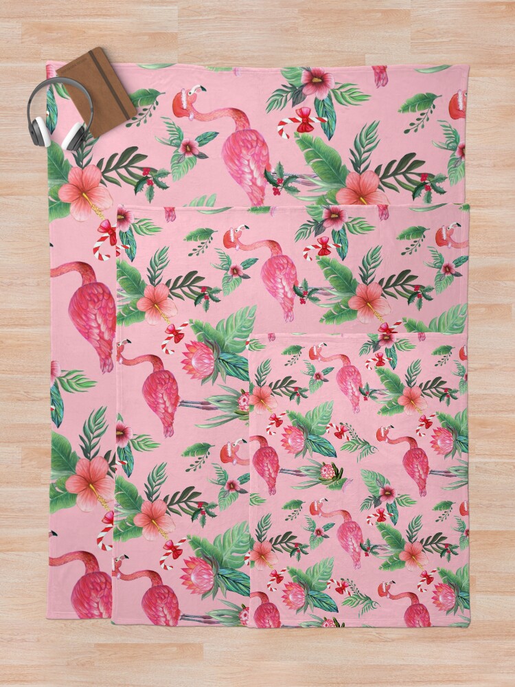 Alternate view of Pink Flamingo in Santa Hat with candy canes, holly and exotic flowers in watercolor Throw Blanket
