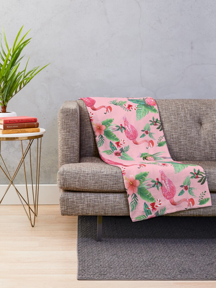 Alternate view of Pink Flamingo in Santa Hat with candy canes, holly and exotic flowers in watercolor Throw Blanket