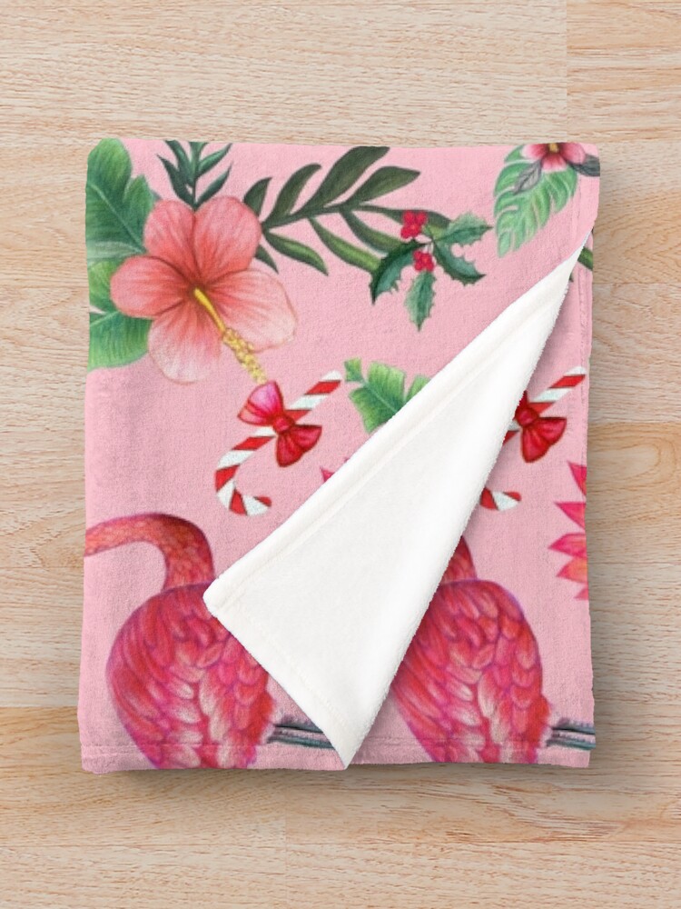 Alternate view of  Pink Flamingo in Santa Hat  with candy canes, holly and exotic flowers in watercolor Throw Blanket