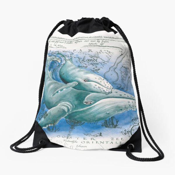 Humpback Whales Family Vintage Map Watercolor Drawstring Bag
