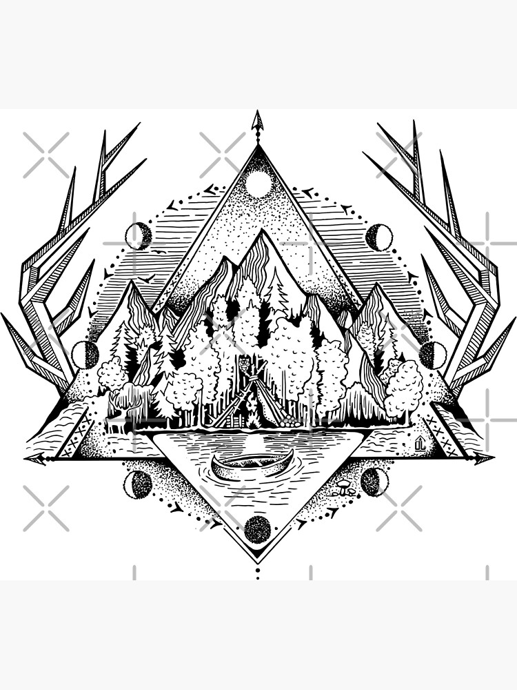 landscape-black-geometric-mountains-antler-moon-canoe-forest-deer-moon