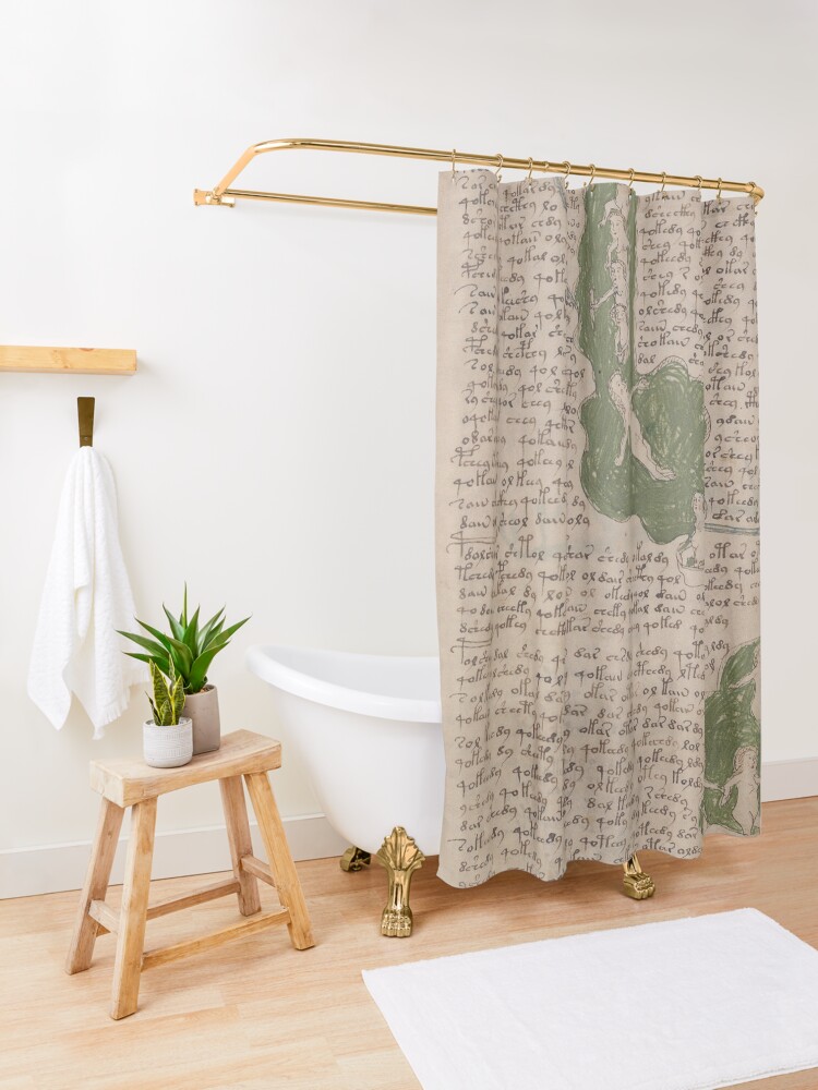 Alternate view of Voynich Manuscript. Illustrated codex hand-written in an unknown writing system Shower Curtain