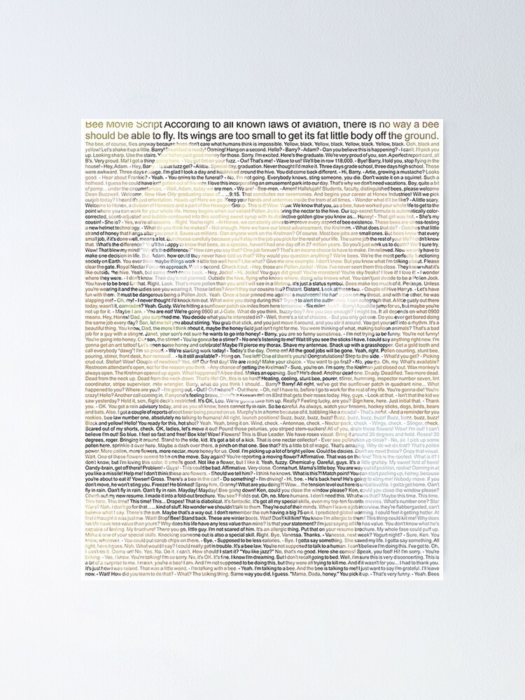 "Bee Movie Script" Poster for Sale by lakimnajikumnih Redbubble