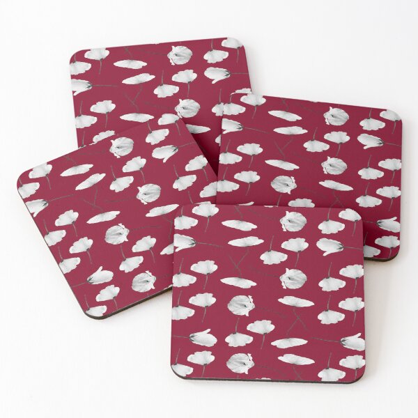 Item preview, White poppies pattern on dark red background designed and sold by by-jwp.