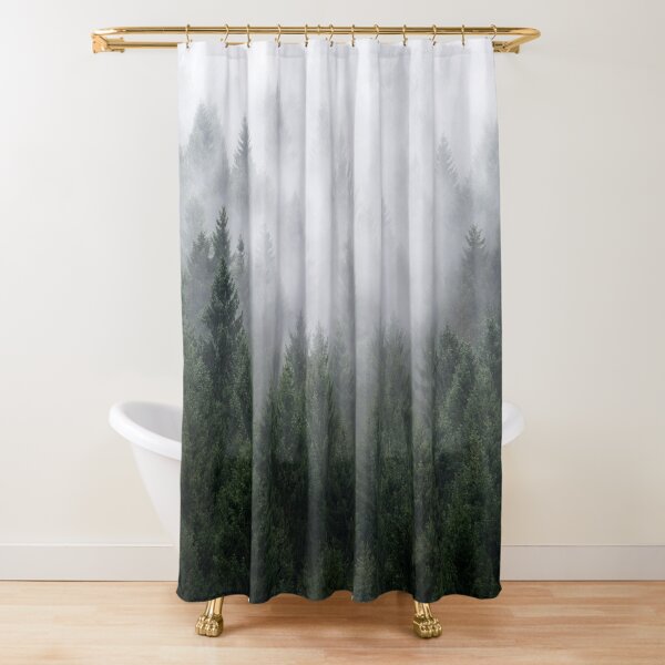 Vista previa del artículo con la obra «Home Is A Feeling //  Misty Retro Fall Wilderness Fairytale Evergreen Forest With Trees Covered In Magic Fog Season», diseñado y vendido por Tordis Kayma.