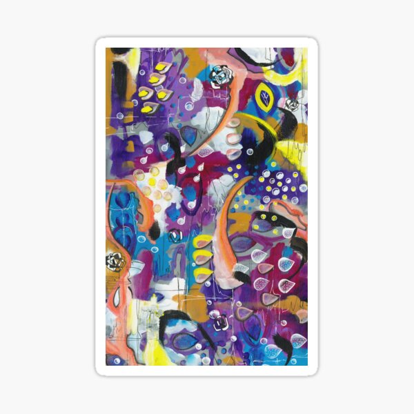 Magenta, purple, orange, blue and yellow mixed media abstract design Sticker