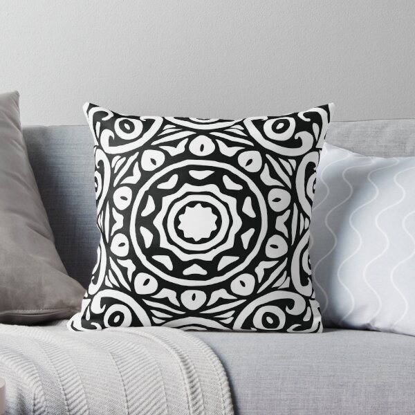Black & White Elegant Floral Abstract Mandala Throw Pillow