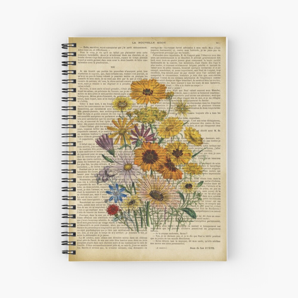 Botanical print, on old book page - Garden flowers Spiral Notebook