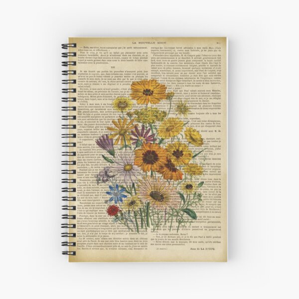 Imprimé botanique, sur une ancienne page de livre - Fleurs du jardin Cahier à spirale