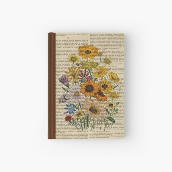 Botanical print, on old book page - Garden flowers Hardcover Journal