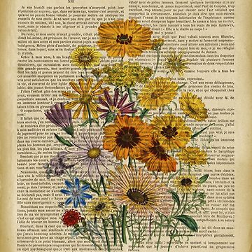 Artwork thumbnail, Botanical print, on old book page - Garden flowers by lldd11
