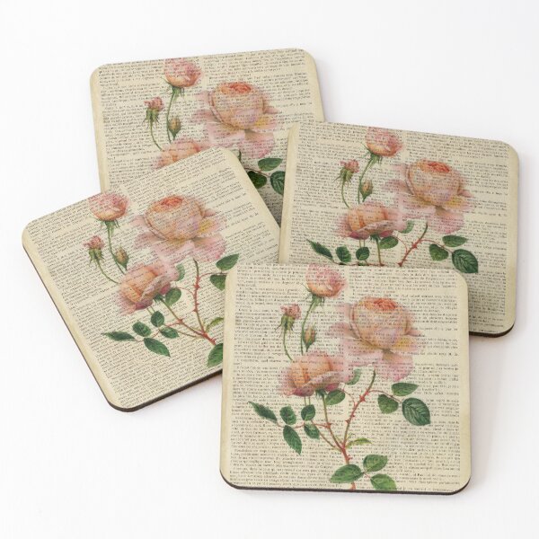Item preview, Botanical print, on old book page - Pink Roses designed and sold by Art by Lilia.