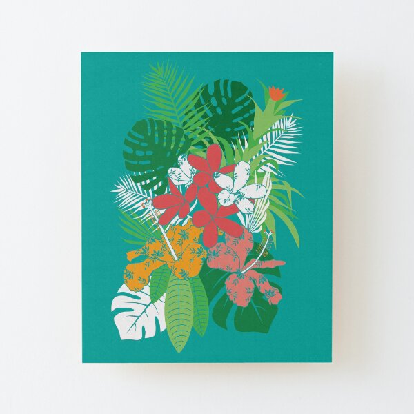 Tropical Flowers Frangipani Hibiscus Palm Wood Mounted Print