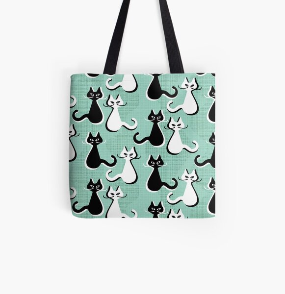 Mid century Cats with moustaches All Over Print Tote Bag
