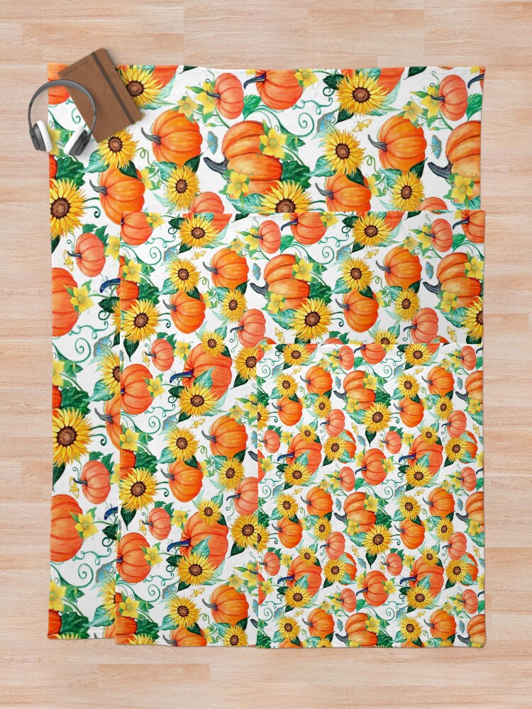 Alternate view of Pumpkin and Sunflower watercolor with moths Throw Blanket