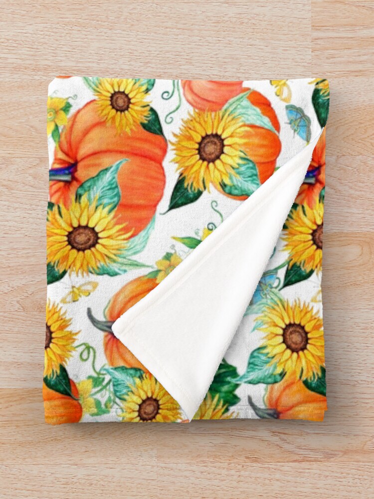 Alternate view of Pumpkin and Sunflower watercolor with moths Throw Blanket