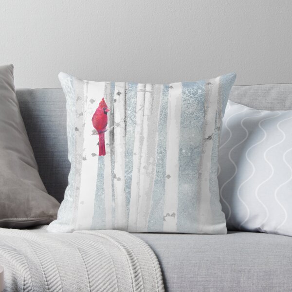 Watercolor Red Cardinal Bird Winter Birch Forest Throw Pillow