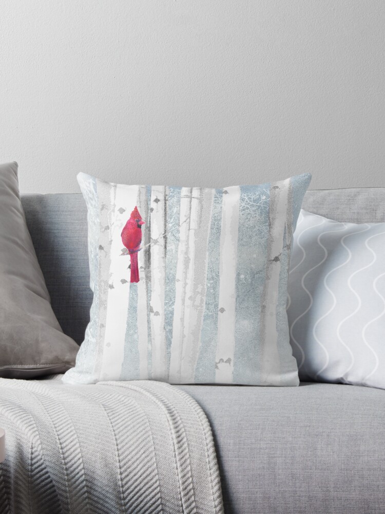 Watercolor Red Cardinal Bird Winter Birch Forest Throw Pillow By Countrymouse Redbubble