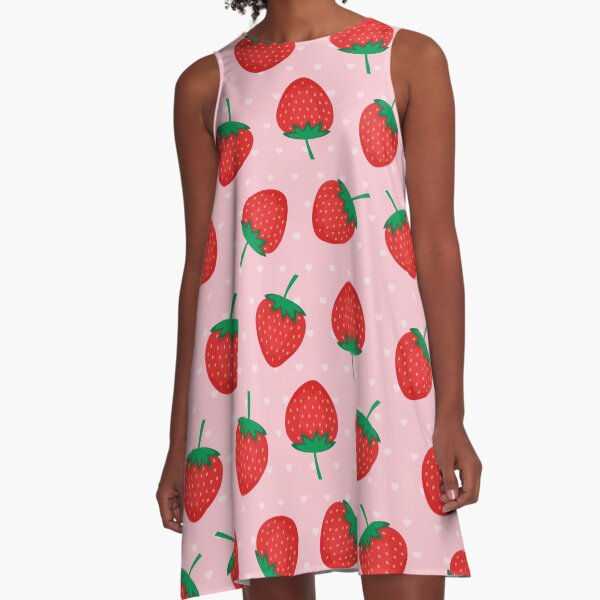 Pink Summer Strawberries Print A-Line Dress