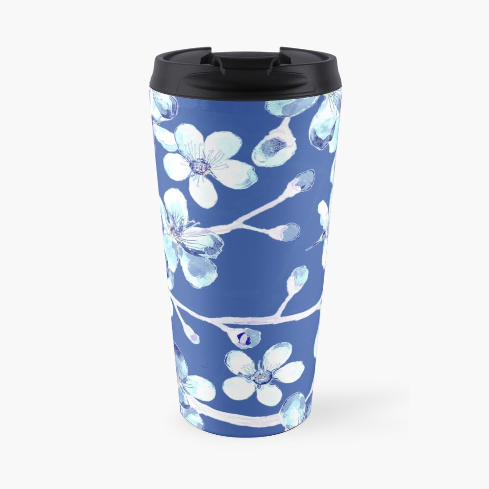 blue and white cherry blossom, Chinoiserie, Hamptons Style interiors. Travel Mug
