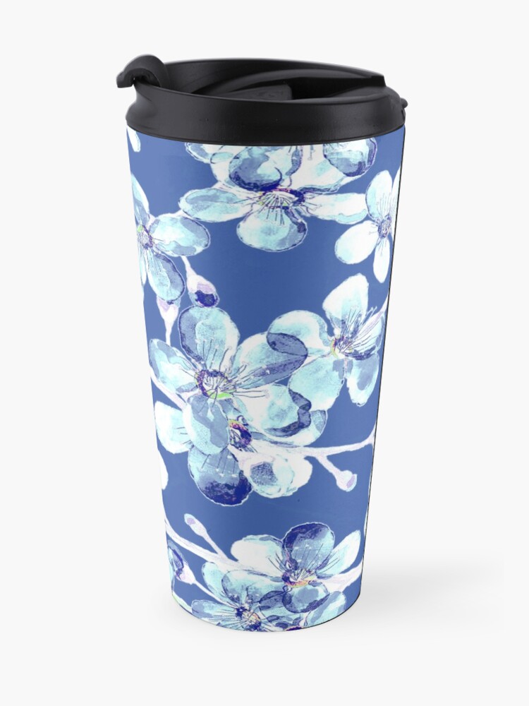 Alternate view of blue and white cherry blossom, Chinoiserie, Hamptons Style interiors. Travel Mug