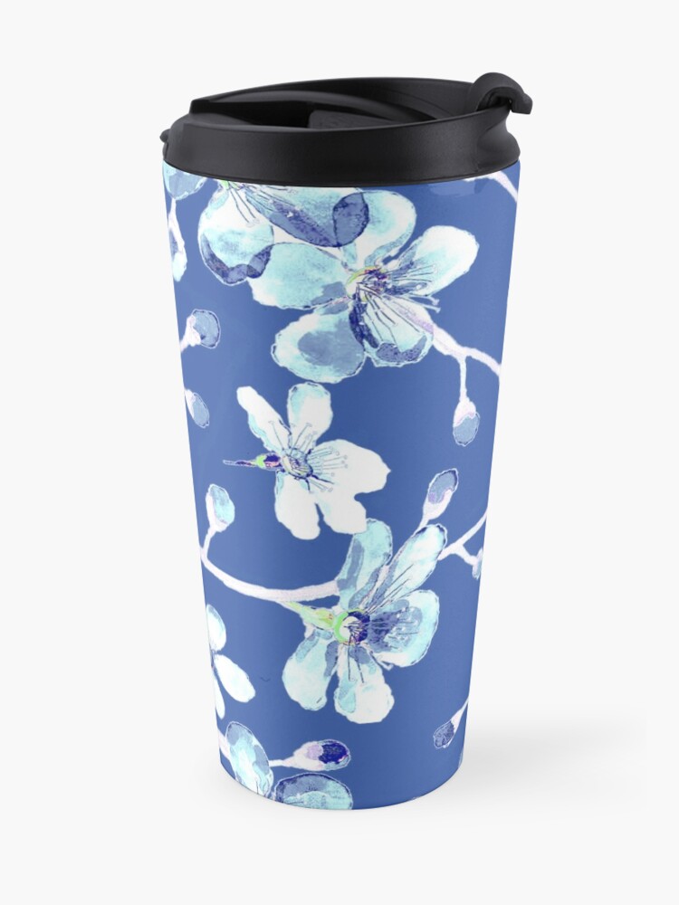 Alternate view of blue and white cherry blossom, Chinoiserie, Hamptons Style interiors. Travel Mug