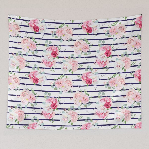 Item preview, Pink Floral Roses & Blue Stripes Pattern designed and sold by newburyboutique.