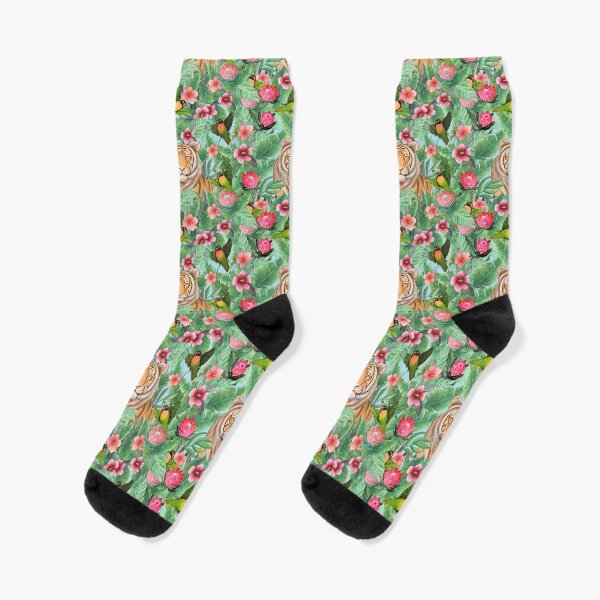 Tiger Jungle Tropical Flowers and palms with tiger hiding Socks