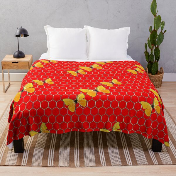 Item preview, THREE YELLOW BUTTERFLIES ON RED-GOLDEN HONEY COMB PATTERN, designed and sold by sharlesart.