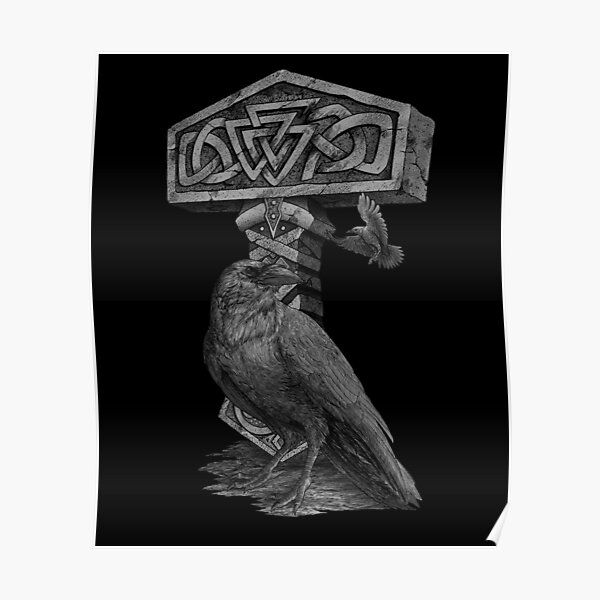 Odin Raven Hugin Munin Mjolnir Thor Hammer Norse Viking Mythology Poster